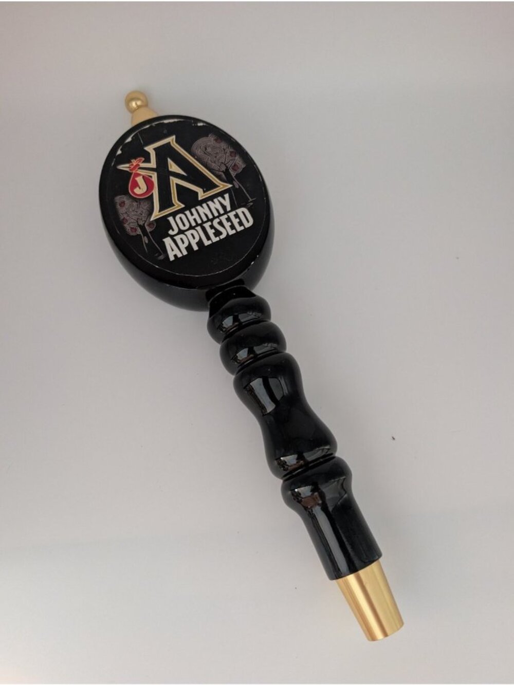 Johnny Appleseed Tap Handle Black Gold Wood Cider Collectible ~10"
